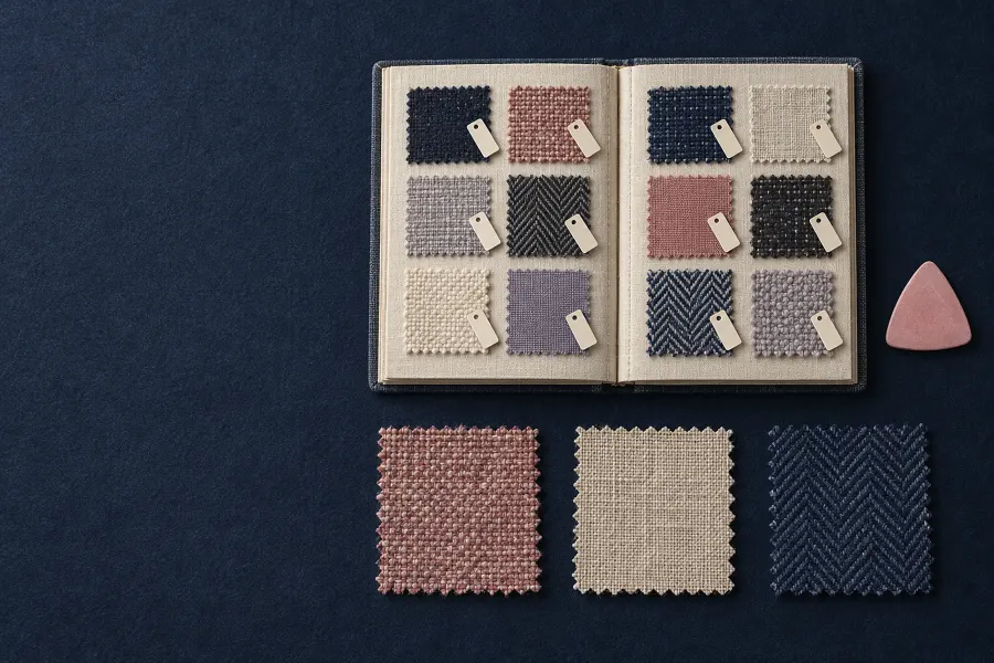 Aufgeschlagenes Musterbuch mit gewebten Stoffproben in Indigo, Altrosa, Lavendelgrau, Anthrazit und Naturweiß von oben auf indigoblauem Filz, daneben Schneiderkreide und drei lose Proben